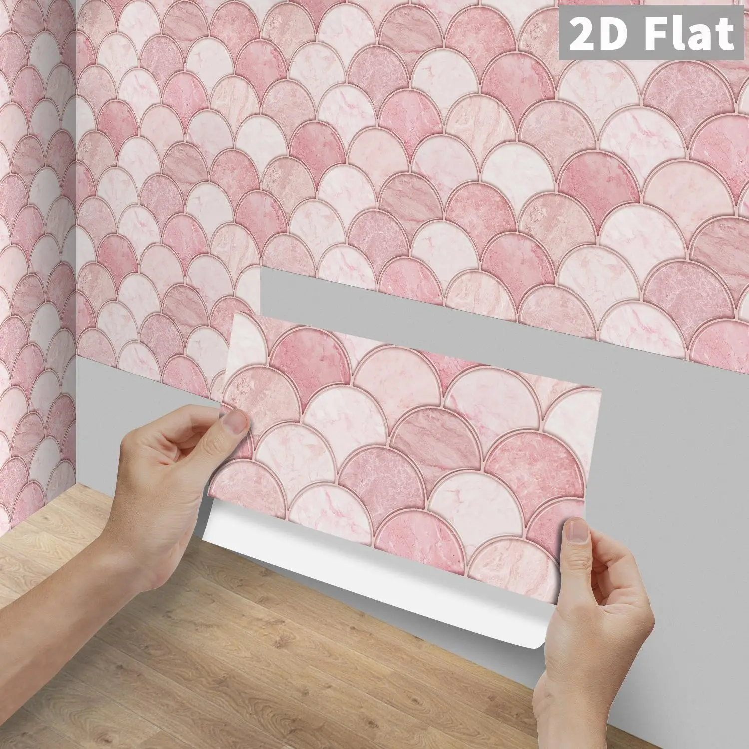 6/12/24/48PCS FG Crystal PVC Peel & Stick Tiles, Pink Marble Fish Scale Fan Long Strip Backsplash, Waterproof Oil-Proof Self-Adhesive Rectangle Decals Tile Stickers For Kitchen, Bathroom, Old Ceramic Tiles & Wood Panels Home Decor