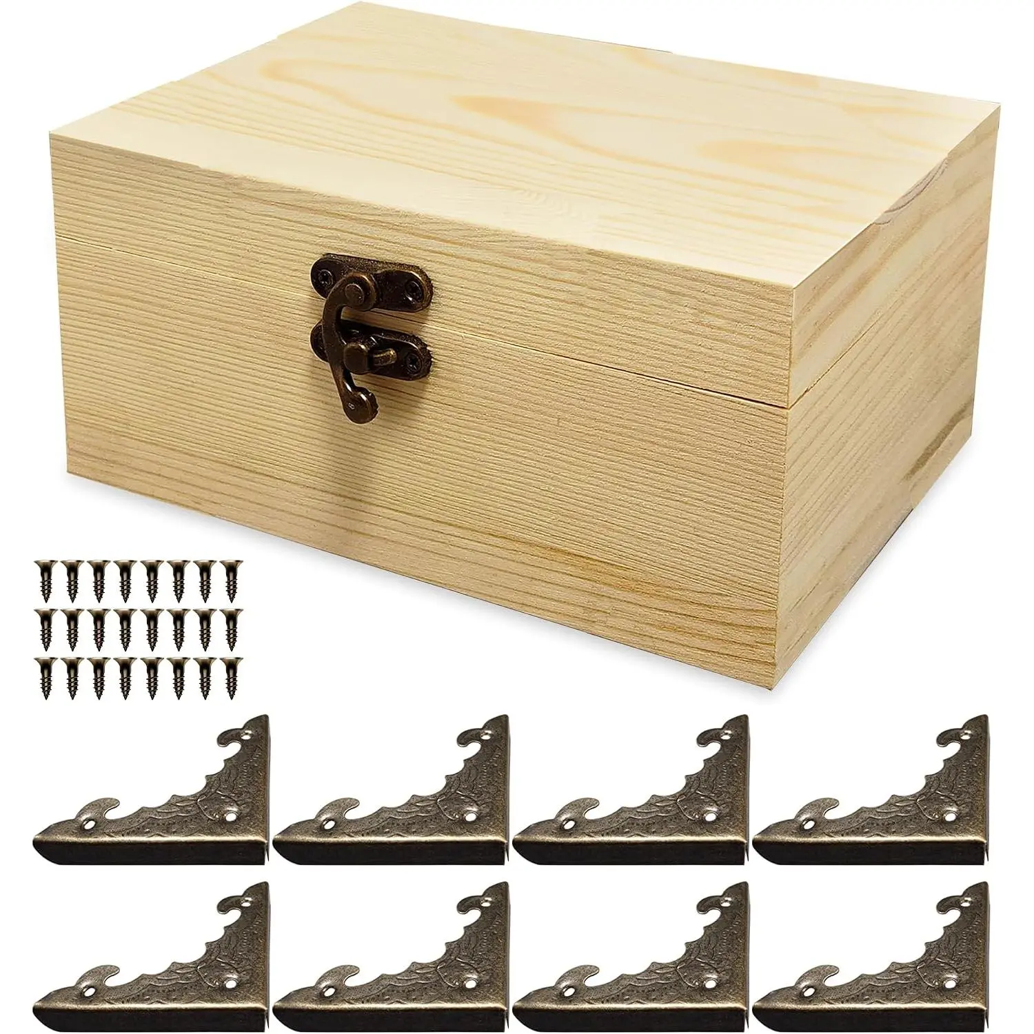 6.7"x5.1"x3.1" Unfinished Unpainted Wooden Box with Hinged Lid for Crafts DIY, Storage  Plain Pine Box with 4 count Retro Style Decorative Corner Protectors