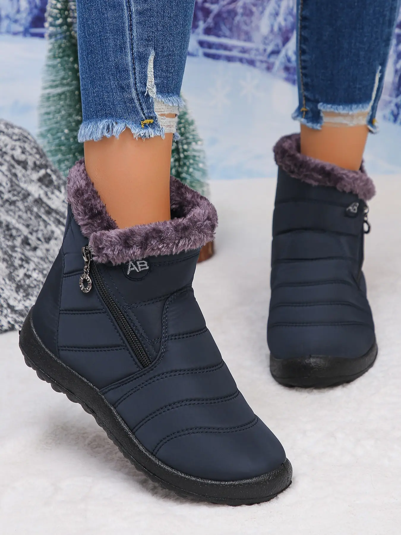 Winter Warm Ankle Snow Boots, Water‑Resistant Nylon Upper Booties With Plush Inner Lining, Anti‑Skid Sole Side Zipper Winter Footwear For Outdoor Snowy Days Casual Daily Wear