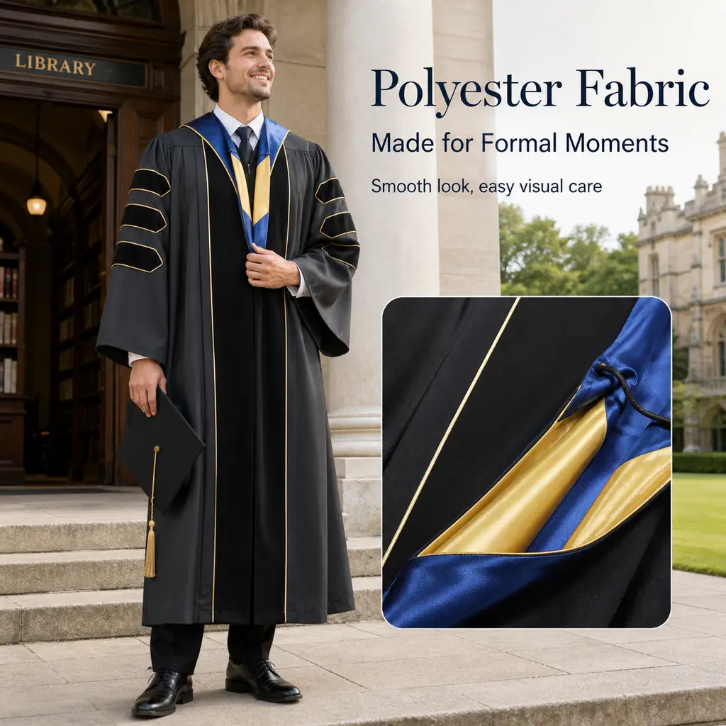 Men's 100% Polyester Doctoral Graduation Gown Complete Set - Smooth Black Robe with Black Velvet Sleeve Trim, Zipper-Equipped, Cap with Gold Tassel, Blue-Gold Satin Hood, Formal Commencement Apparel, Cosplay Costume