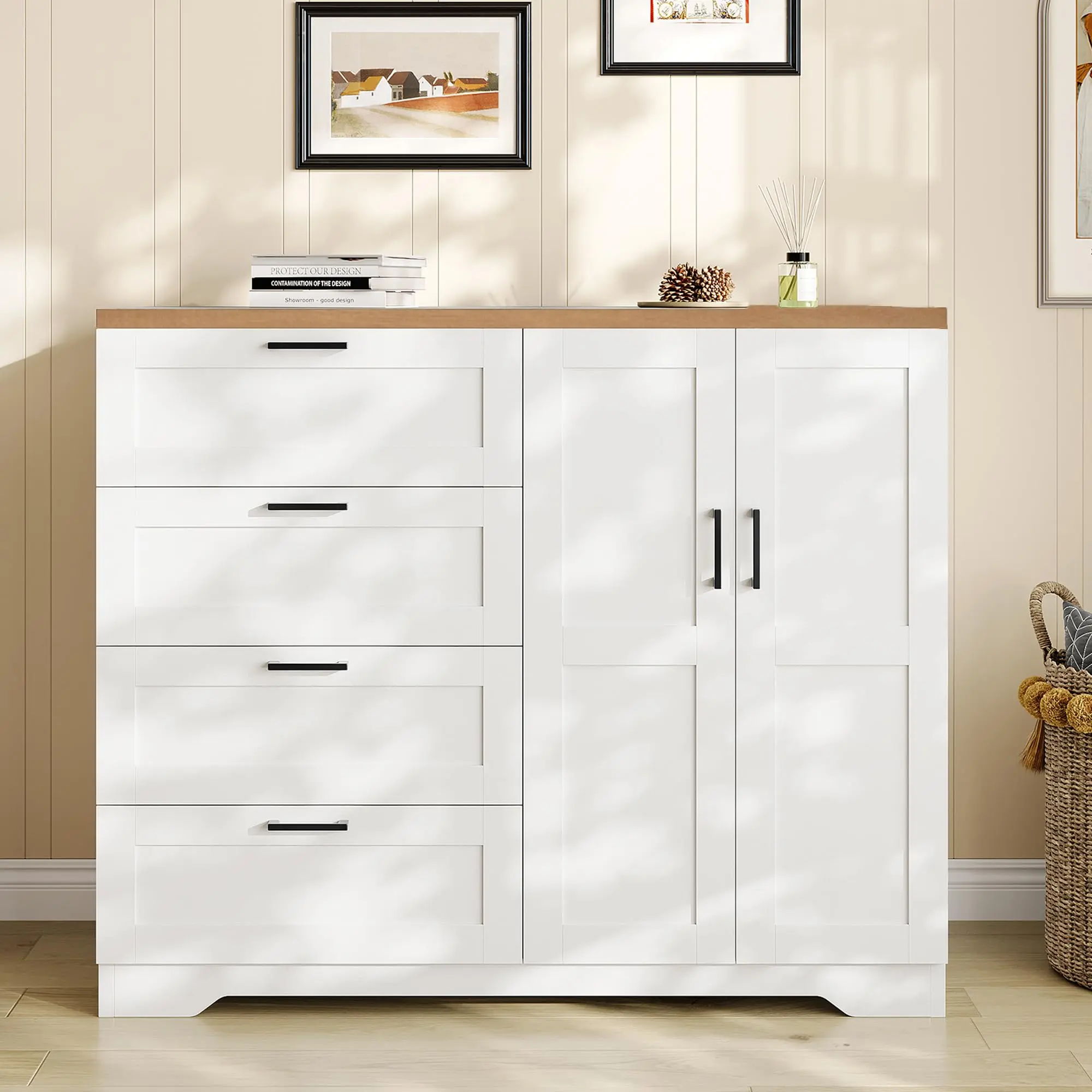 Modern Wood Wardrobe Armoire with Hanging Rod, 43.3" H Low Profile Closet with 4 Deep Drawers & 2 Doors, Compact Storage Cabinet for Bedroom Clothes Organization, Free Standing Clothes Rack for Bathroom Living Room