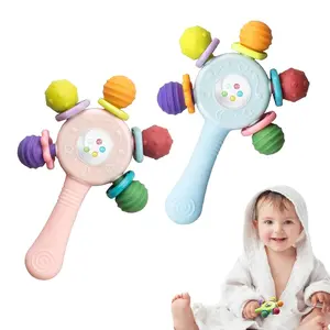 2PCS Baby Sensory Teething Toys-Rattle Stick,Food Grade BPA Free Chew Toy,Grip Strengthening Handle  Hearing Teeth Development,Infant Learning Toys  Aged 0-36 Months (Pink+Blue)