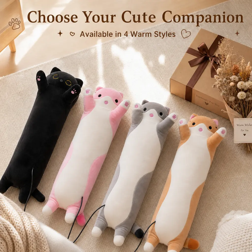 Large Full Length USB Heated Cat Body Pillow, Extra Soft Fluffy Stuffed Animal Gift with 4-Level Adjustable Temperature, Timer for Winter Cozy Lounging on Bed, Sofa