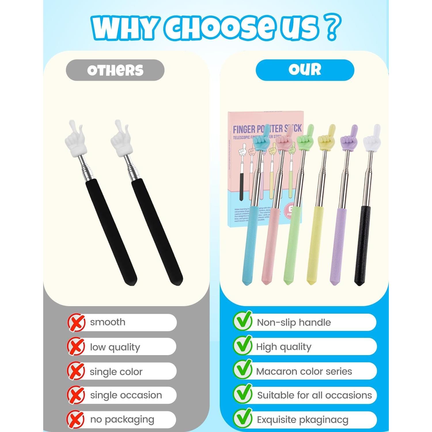6 count Finger Pointer Stick for Classroom - Extendable Teacher Pointer Stick and Pointer Finger Tool - Colorful Hand Pointer Stick for Presentations-Telescopic Pointer Stick-Classroom Essentials