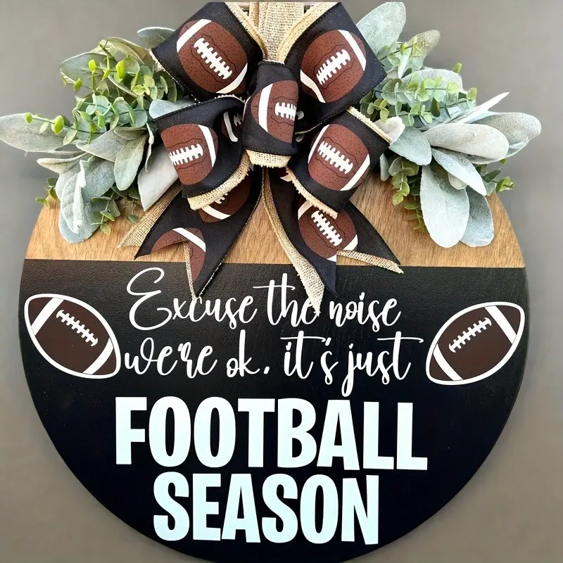Football Season Wreath - Excuse the Noise Rustic Wooden Door Hanger with Burlap Bow, Eucalyptus Leaves & Football Decor for Autumn Home, for Man Cave, Sports Fan Gift, Football Party Decoration, Natural Elements, Home Decoration, Ornaments