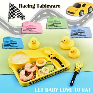 3-Piece Multicolored Car-Themed Toddler Cutlery Utensil Sets - Spoon, Fork, Plate, Durable Self-Feeding Tableware for Baby-Led Weaning, Easy-to-Hold Lunchbox Dinnerware, Birthday Gift