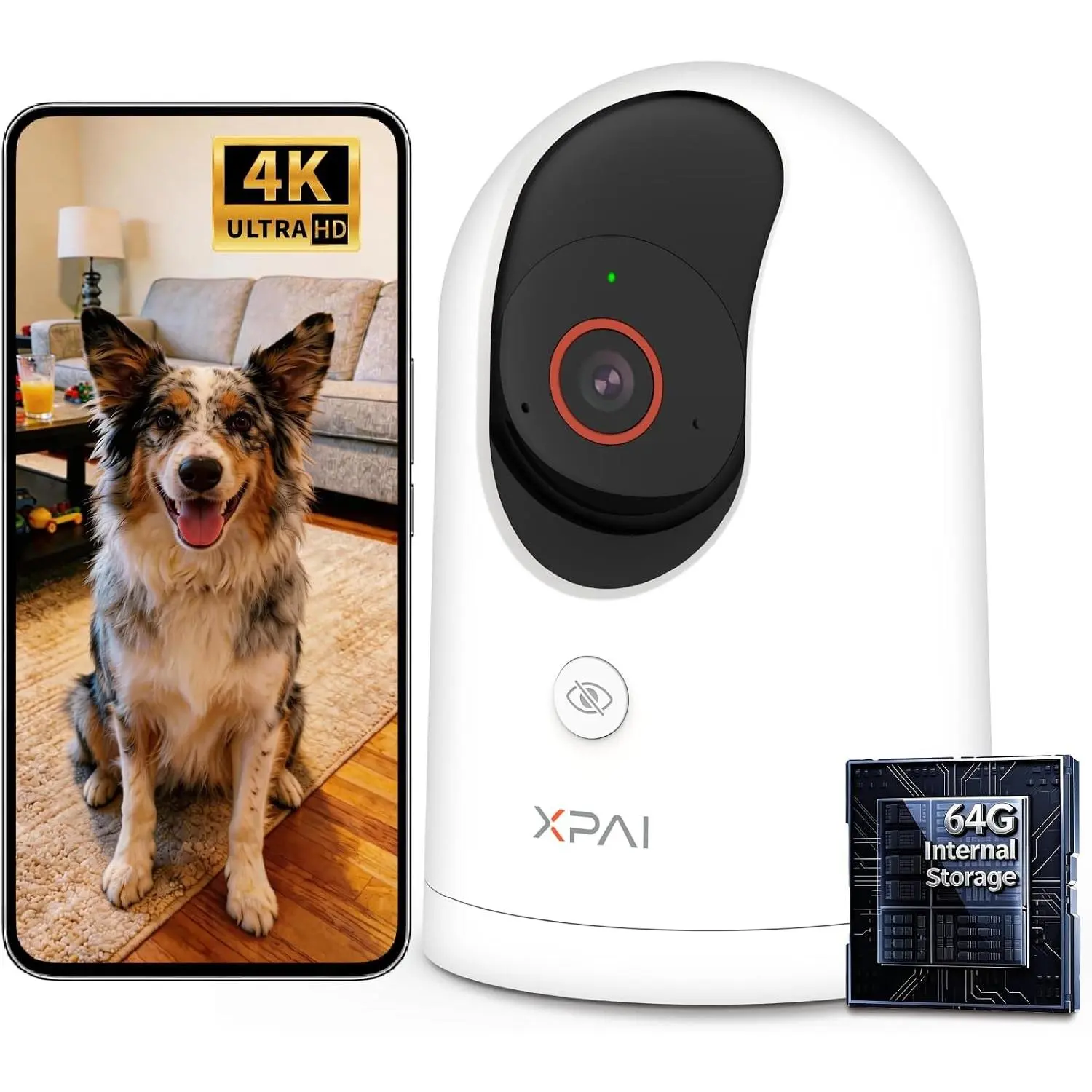 4K UHD Indoor Camera 64G Built-in Storage No Subscription Pet Camera Indoor with Phone App Works as Baby/Cat/Dog Monitor 360°Pan&Tilt Two-Way Talk Privacy Mode AI Tracking/Detection