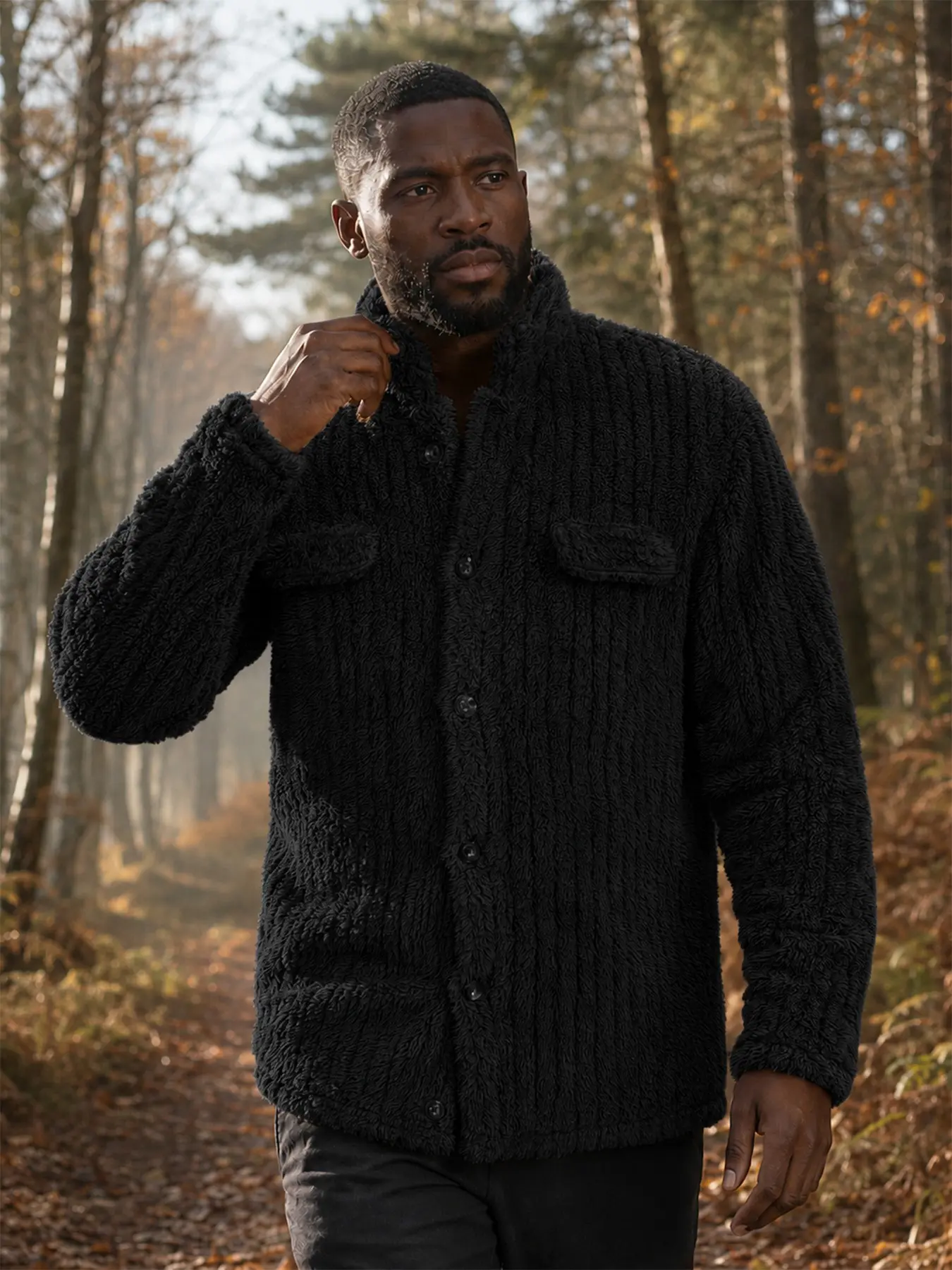 Men’s Sherpa Fleece Jacket, Soft Warm Teddy Button-Up Coat with Stand Collar and Faux Chest Pocket Detail, Solid Color Casual Fall Winter Outerwear, Christmas Birthday Gift for Men, Husband, Dad or Boyfriend