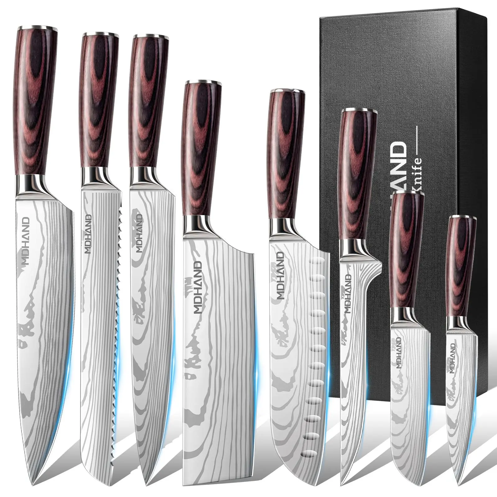 8 Piece Kitchen Knife Set, High Carbon Stainless Steel Knife Set with 3 Nakiri Knives, 2 Santoku Knives, Bread Knife, Boning Knife & Paring Knife, Sharp Kitchen Knives with Ergonomic Non-Slip Handle