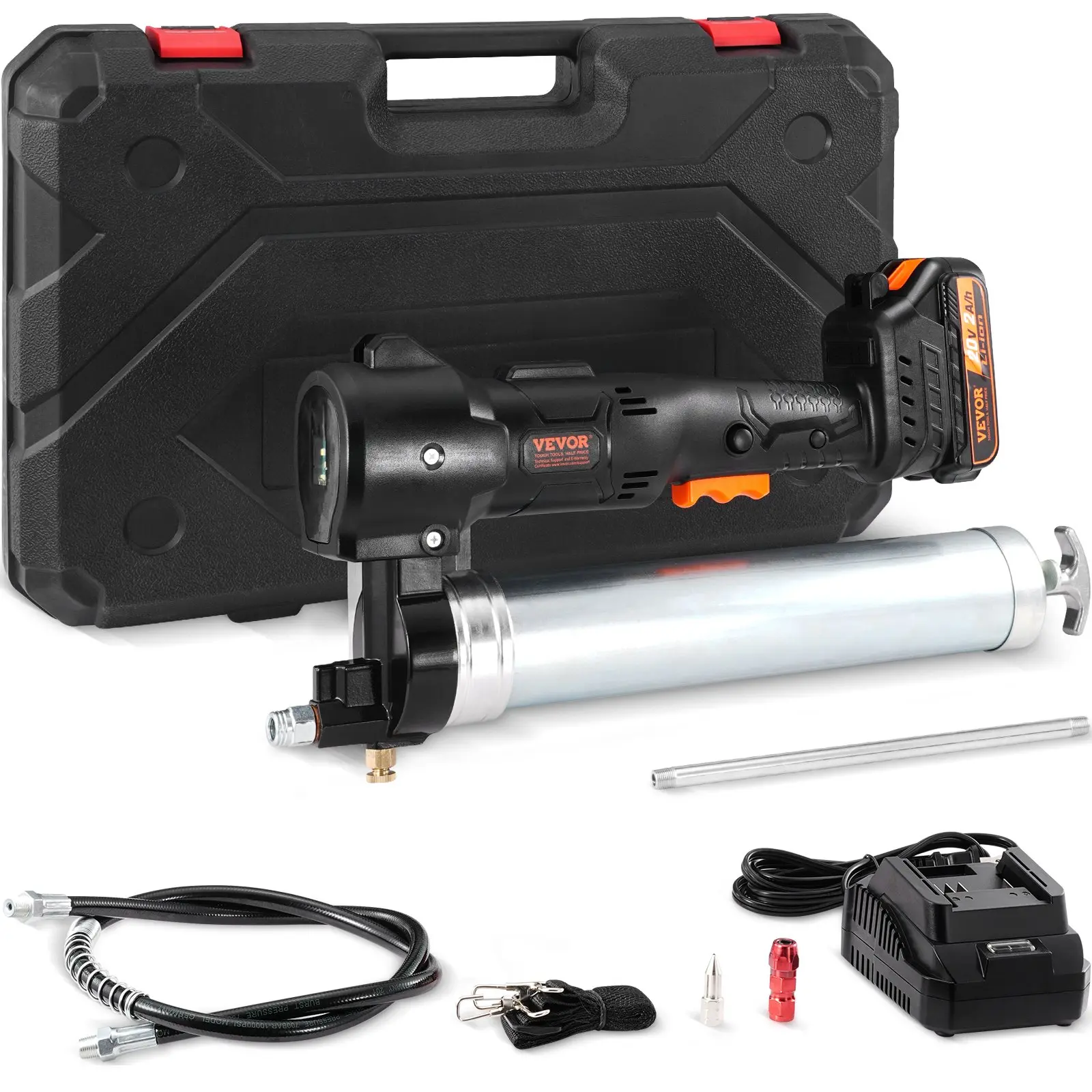 VEVOR Cordless Grease Gun, 20-Volt, 10, 000 PSI, 39" Long Hose, Electric Grease Gun Kit Professional High Pressure Battery Powered Grease Gun with Carrying Case, Battery and Charger Included, Black