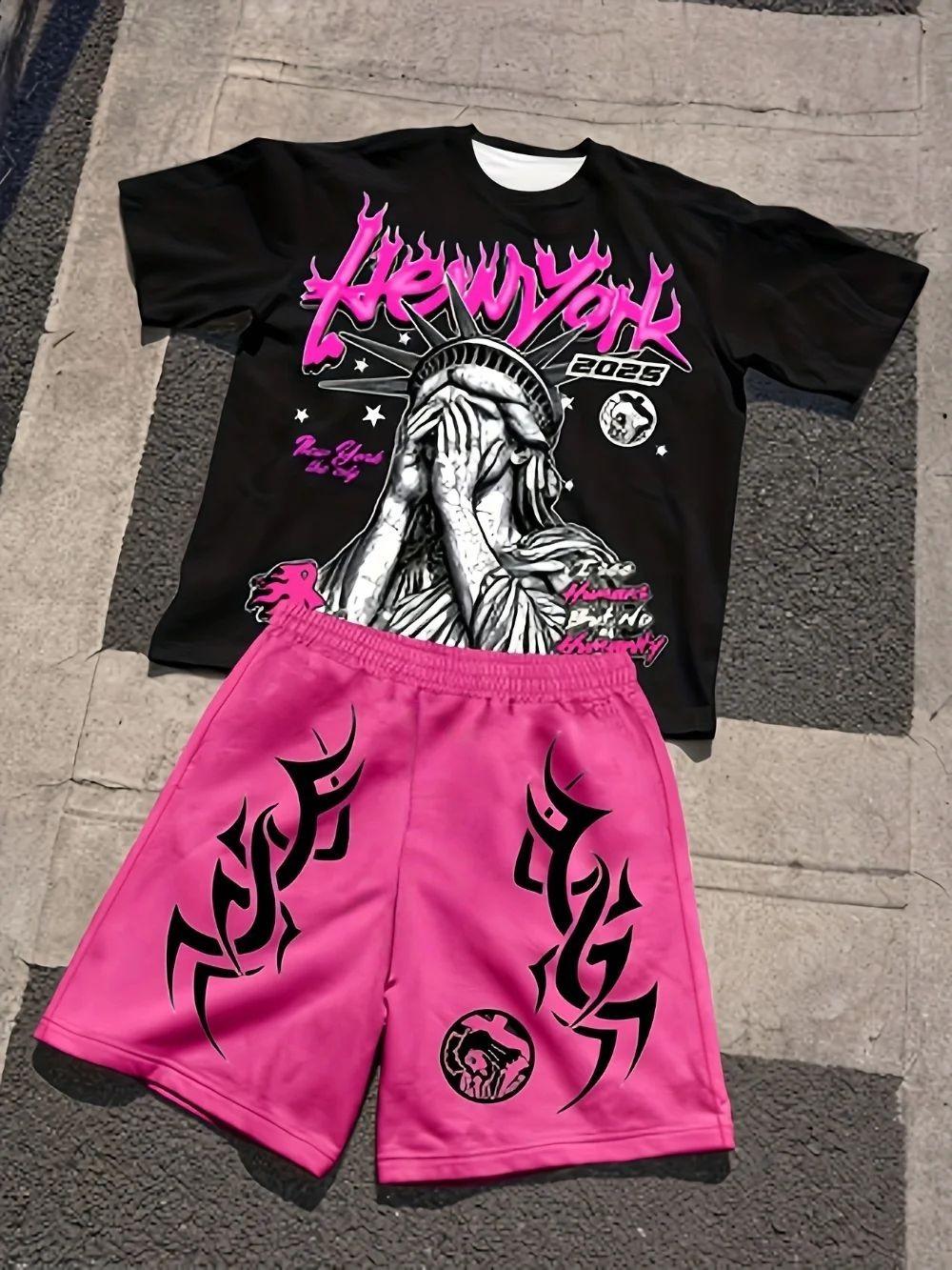 Hot Selling New Men's Statue of Liberty Printed Round Neck Breathable T-shirt and Shorts Outdoor Comfortable Two-piece Set