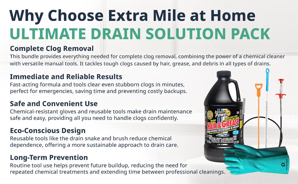 Ultimate Drain Solution Instant Power Hair & Grease Drain Cleaner Opener 2L Bundle with Drain Snake Hair Drain Clog Remover, and Protective Gloves