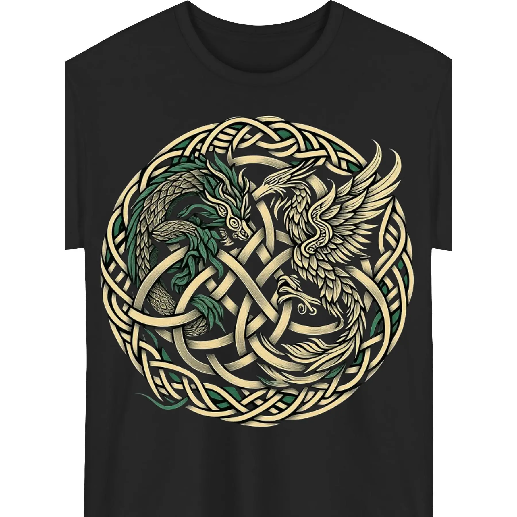 Men's Celtic Dragon & Celtic Knot T-Shirt - Black with Green Beige Knotwork & Dragon Scale Print, Retro Irish Scottish Welsh Heritage Design, Round Neck Casual Tee for Casual Attire, All-Season F, PLUS SIZE