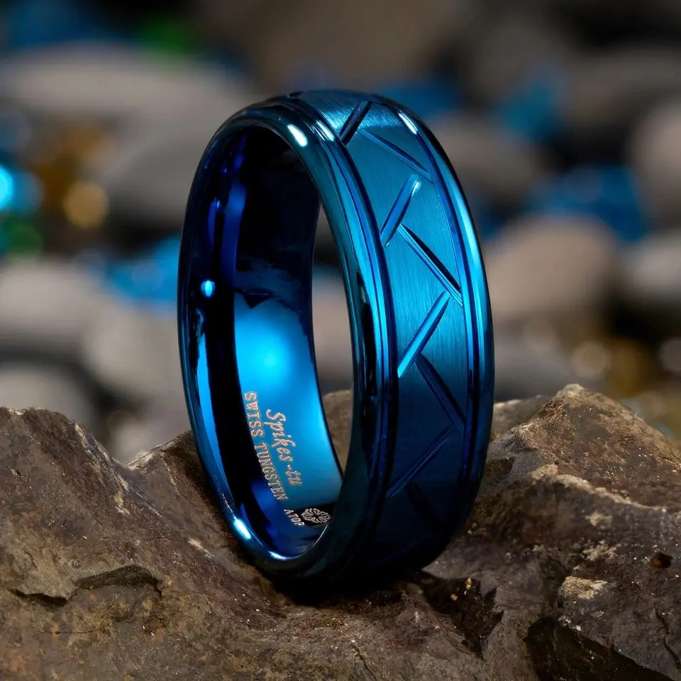ATOP Jewelry 8mm Blue Tungsten Ring for Mens Wedding Band Bridal