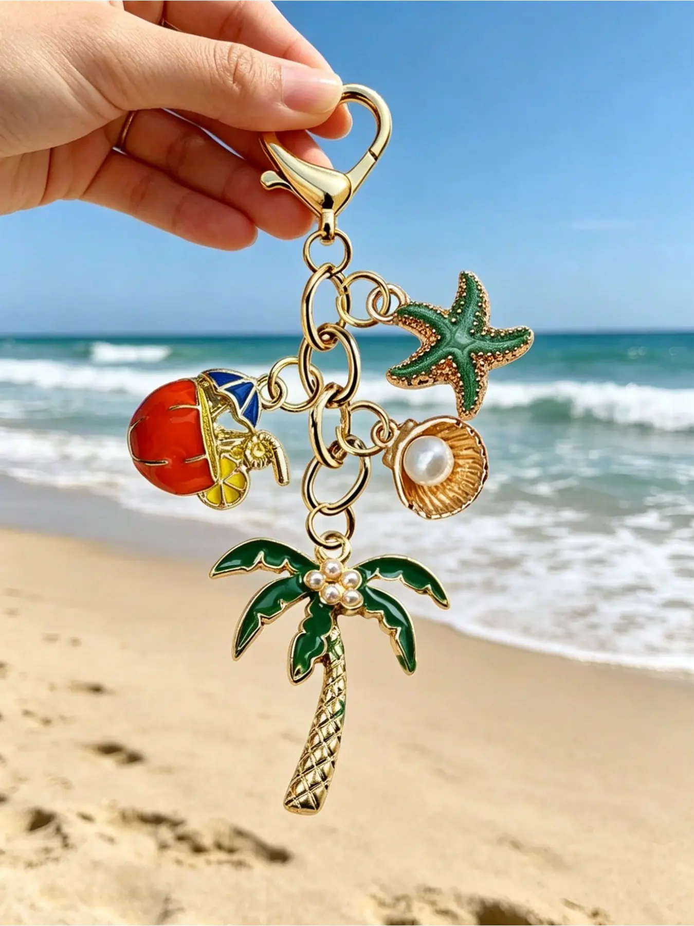 Handmade Boho Coconut Tree Shell Starfish Alloy Keychain Pendant, Hawaiian Enamel Ocean Charm for Backpack Purse Car Lanyard Zipper Decor, Perfect Gift for Bridesmaid Graduation Birthday Valentine Beach Vacation Souvenir