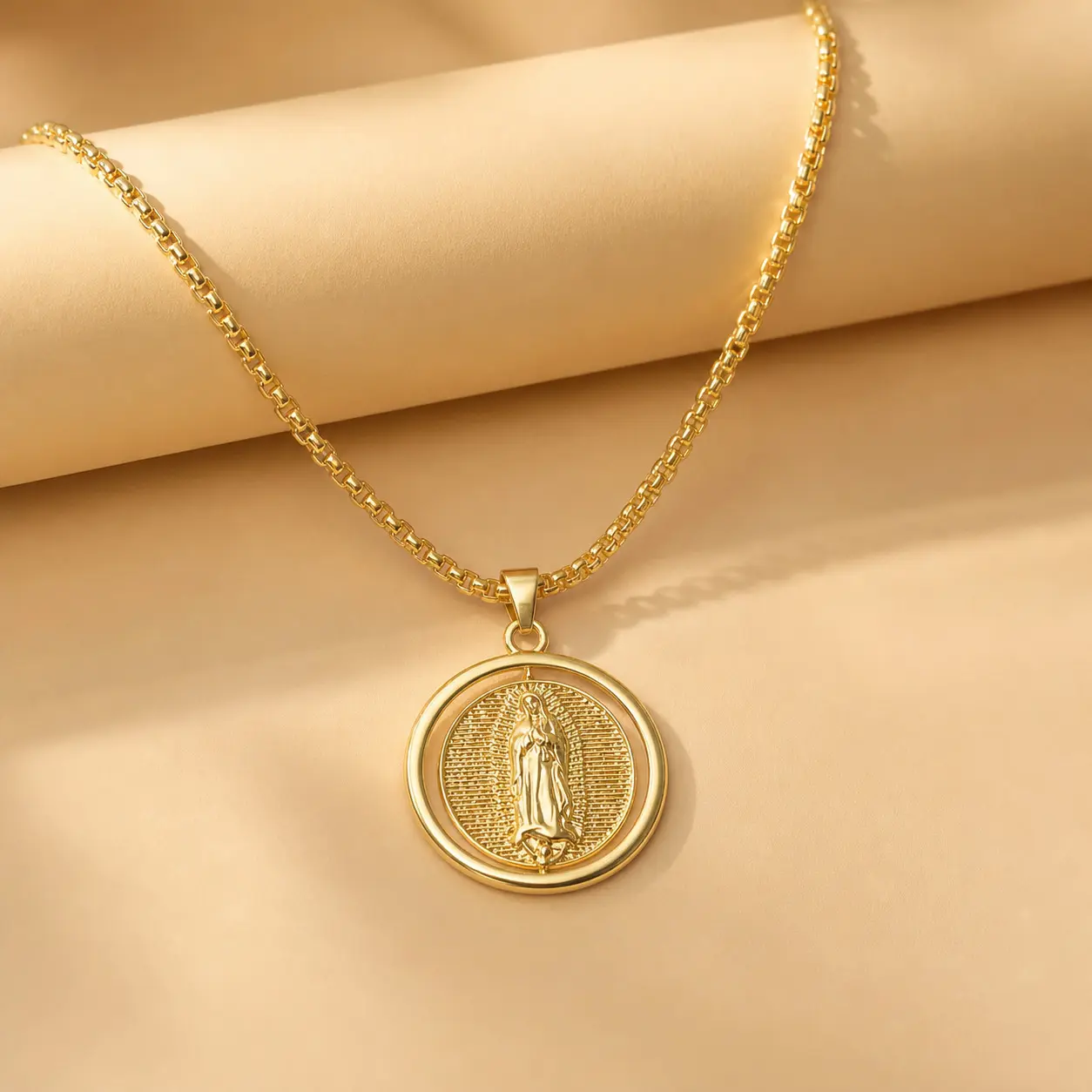 Women's Virgin Mary Necklace, Vintage Guadalupe Gold Coin Pendant with Tarnish-Free Box Chain, Layering Ready Religious Protective Charm, Daily Wear, Female, All Seasons
