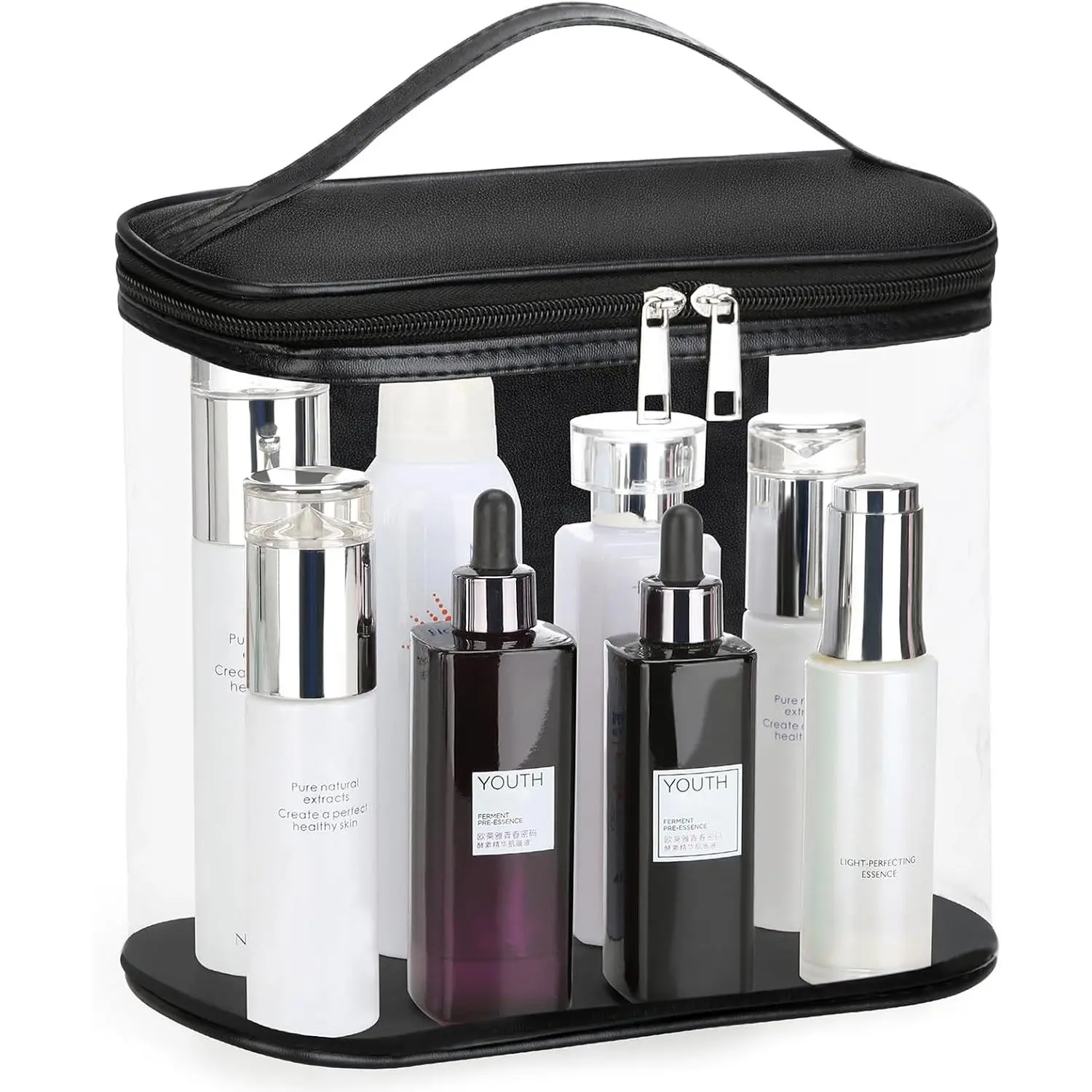 Heavy Duty Leak Proof Clear Travel Bags for Toiletries, Transparent Makeup  Bag with Zipper and Handle (Large, Black)