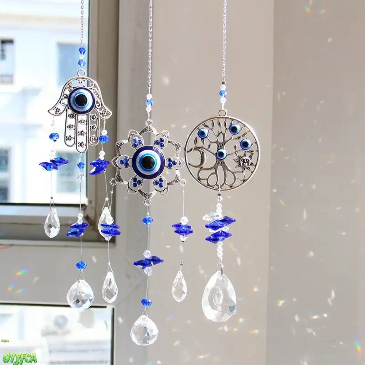 Evil Eye Crystal Suncatcher Window Hanging, Multi Style Hamsa Tree Moon Metal Pendant Rainbow Maker, Blue Faceted Prism Glass Bead Light Catcher Ornament, Spiritual Protection Home Indoor Garden Boho Decor Gift
