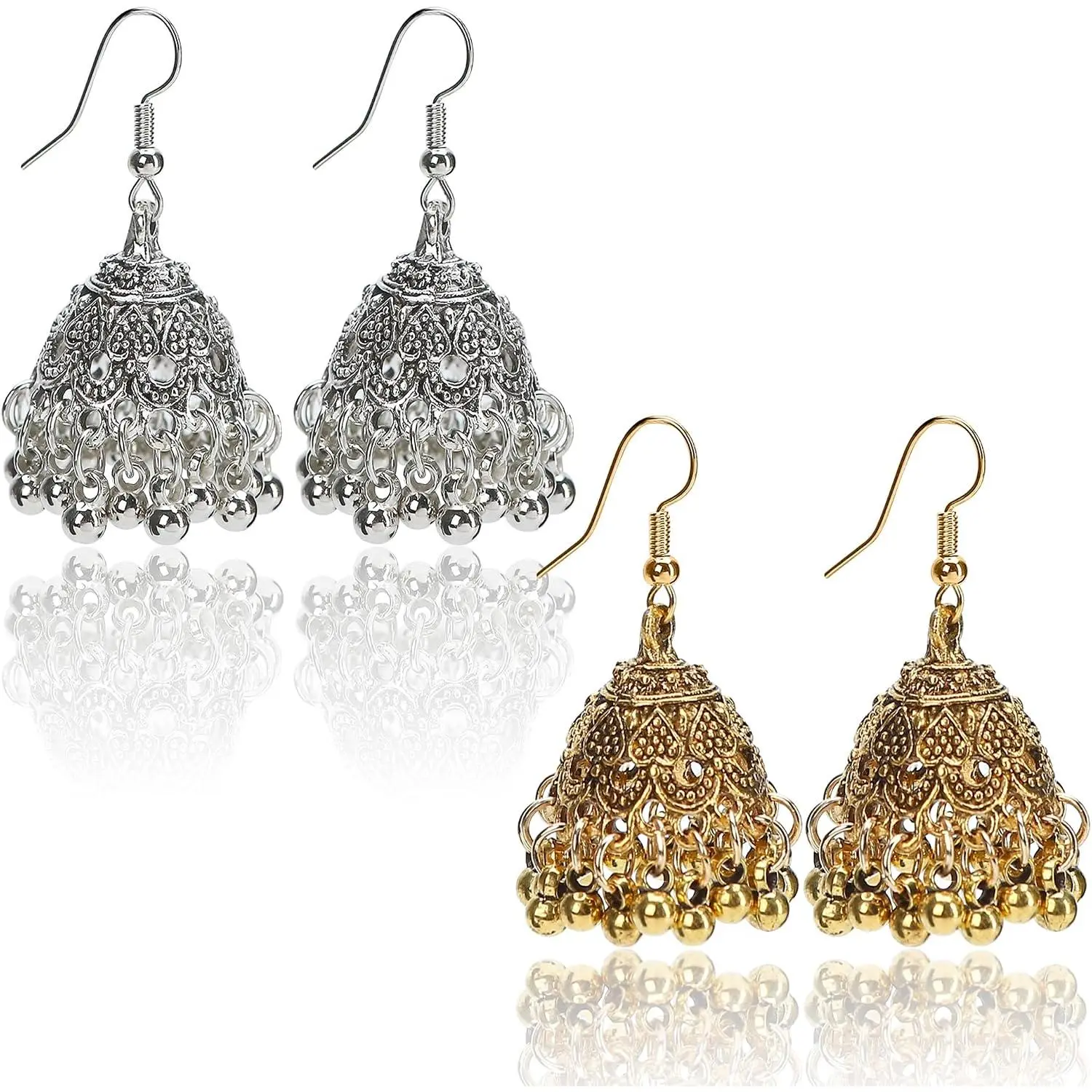 2 Pair  Jhumkas Earrings 1.8'' for Women,  Ethnic Antique Traditional  Plated  Earring - Small Indian Jhumki   Earring  Tassel Drop  Pendientes