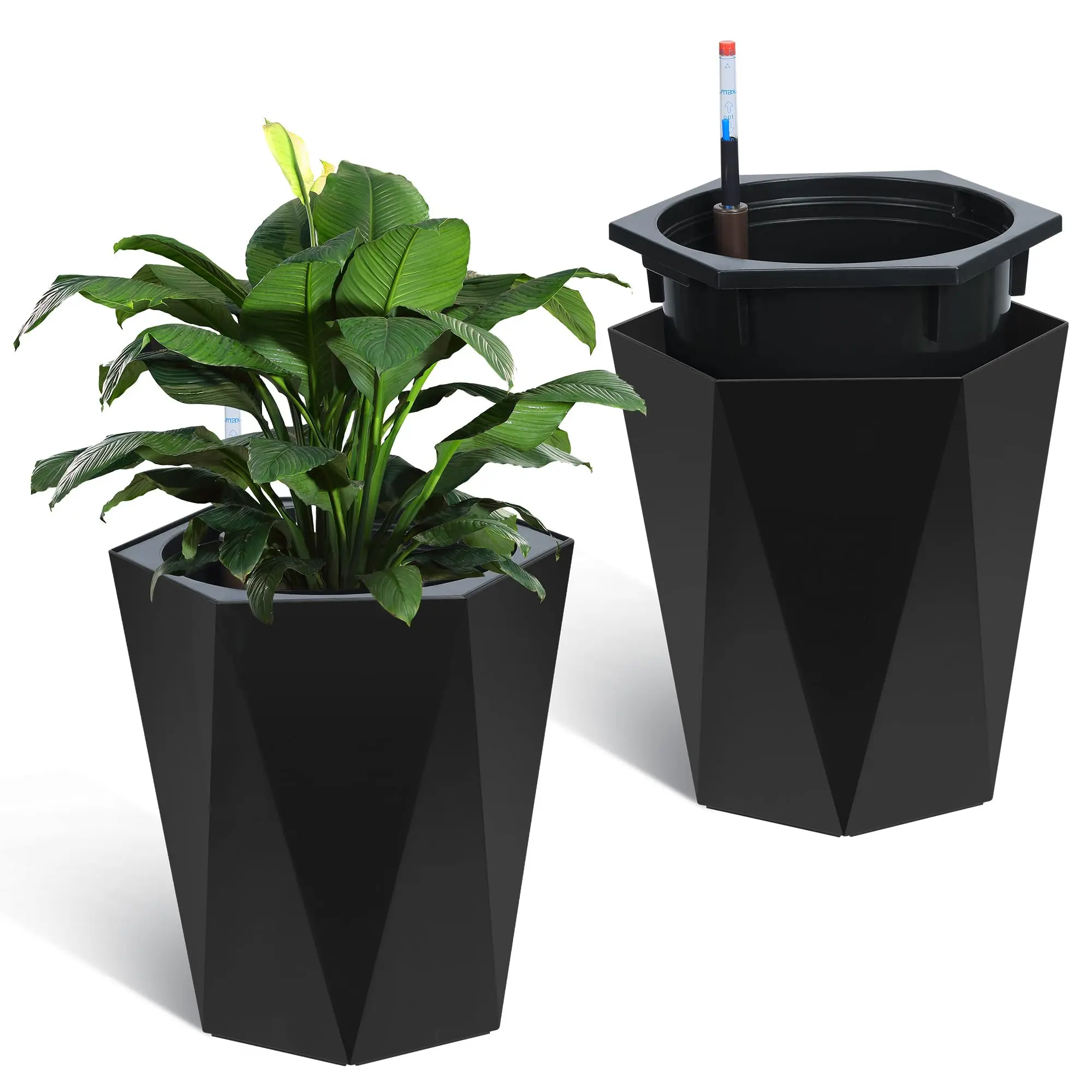 2-Pack Heavy Duty Self-Watering Tall Diamond Planters, 22.5in Modern Large Plant Pots with Visible Water Gauge, Rolling Base Wheels for Indoor-Outdoor Garden Decor, Plant Pot, 2 Trays