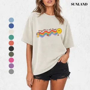 Sunland Vintage Washed T-Shirt With "Progress is not Linear" Rainbow Floral Print, Retro Inspirational Slogan Graphic Casual Loose Short Sleeve Tee, 2026 New Color Scheme summervibes