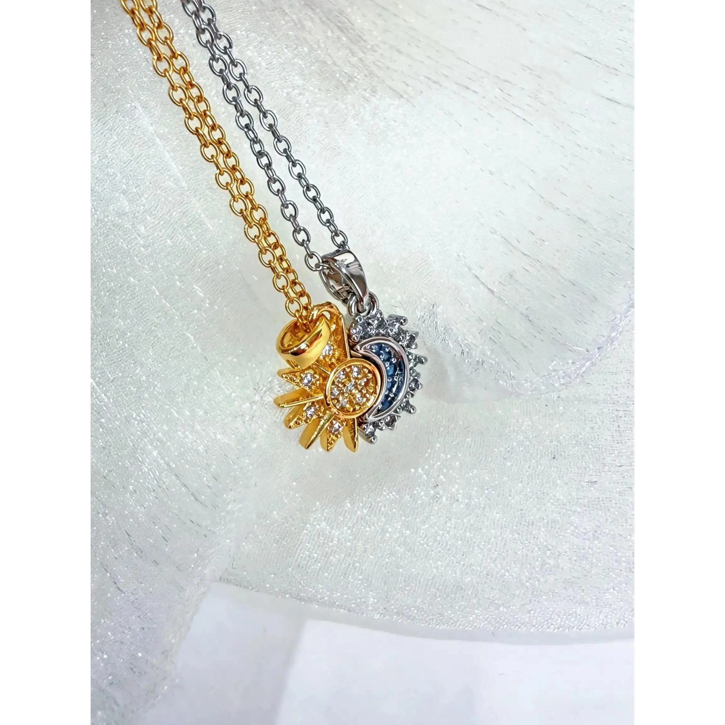 Sun Moon Magnetic Split Pendant Couple Necklaces, Gold-Silver 2-Tone Stackable Lover Chokers, Anniversary Gift for Couples