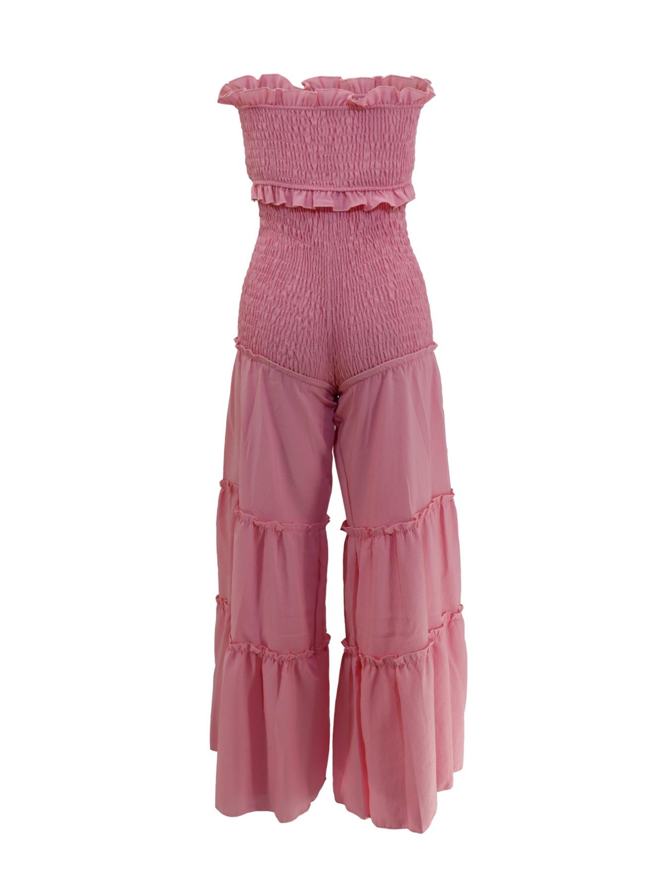 Women's Frill Trim Shirred Flare Leg Pants Set, Boho Casual Crop Tube Top & High Waist Trousers for Beach Holiday Vacation, Ladies Summer Clothes