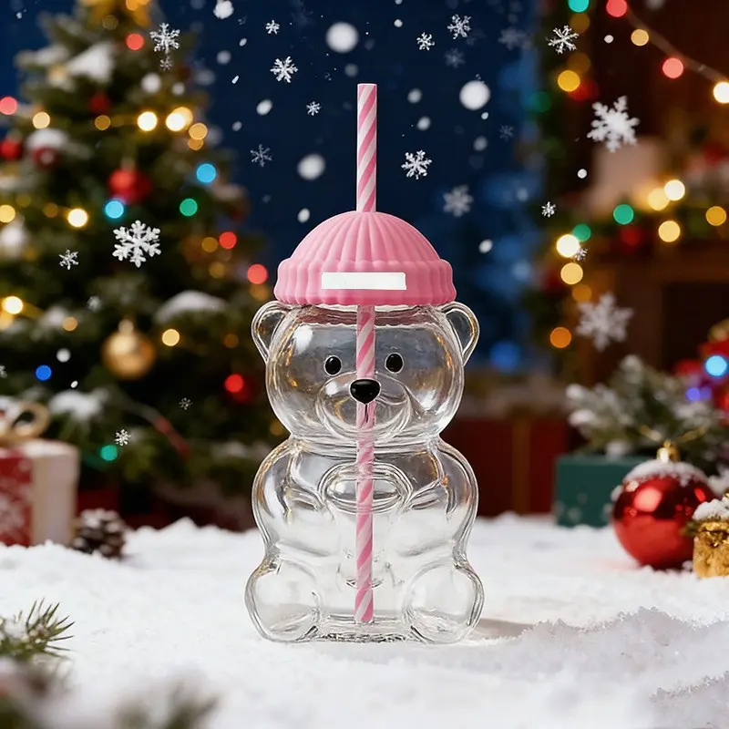 Glass Bear Cup with Straw, 500ML Reusable Glass Drinkware Cup with Lid, Suitable for Iced Coffee, Milk Tea, Cocktails, Dishwasher Safe