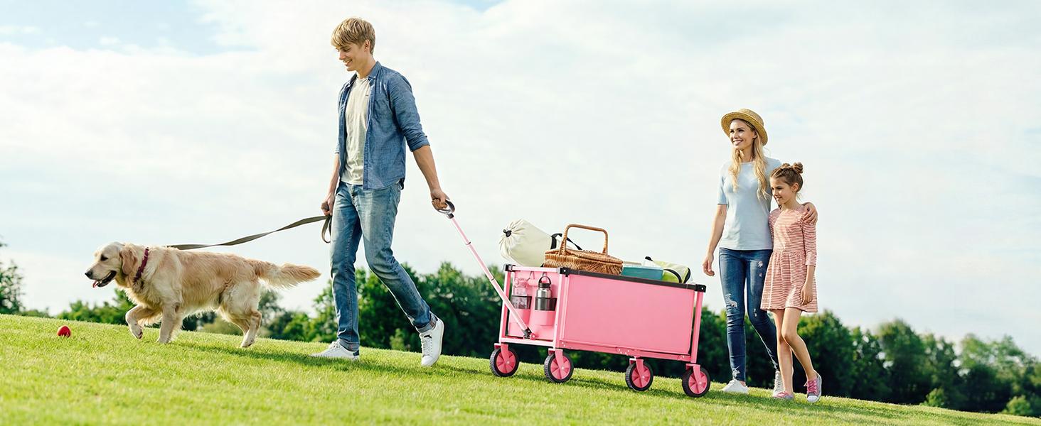 Collapsible Wagon Cart with Wheels, 150L Lightweight Foldable Cart, Rolling Wagon for, Shopping, Sports, Camping, Transport, Pink