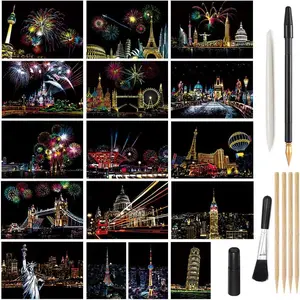 16 Sheets Rainbow Night View Scratch Art Paper Set with 7 Drawing Tools Mini Envelope Postcard Scratchboard for Adults Teens Art Crafts Travel Around The World