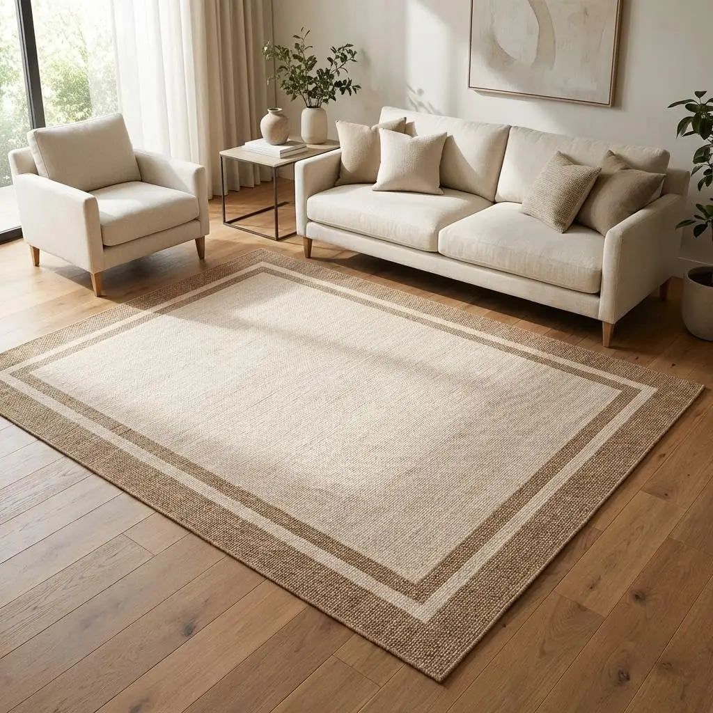 GARVEE 5x7 Beige Minimalist Area Rug, Washable with Modern Border, Non-Slip Backing, Foldable Low Pile, Stain Resistant Indoor Floor Carpet for Living Room Decor, Nursery