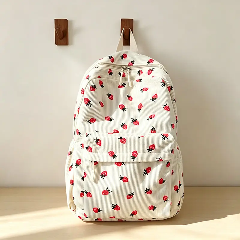 Women'S Pink Strawberry Print Backpack, Corduroy College Style Bag, with Laptop Compartment, Casual Backpack, Suitable for Daily Wear