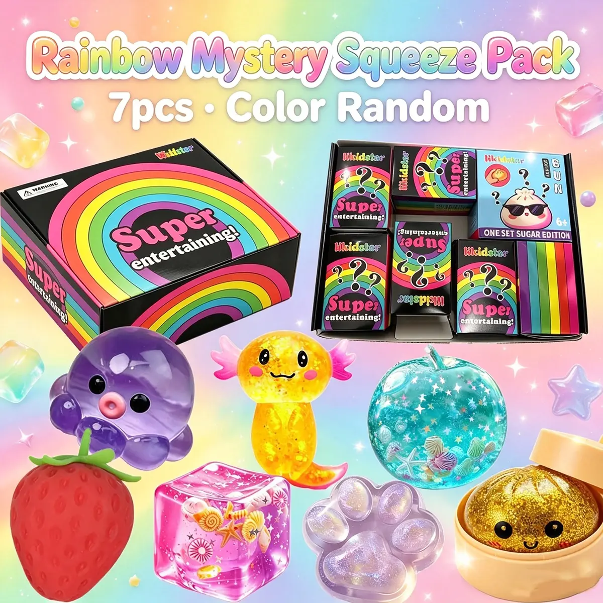 Stress Relieving Rainbow Mystery Squishy Surprise Pack of 7, Random Color Glitter Jelly Squeeze Fidget Toys with Mixed Animal & Food Shapes, Soft Bouncy Sensory Pinch Toys to Calm Anxiety, Perfect Unboxing Relax Gift for All Ages