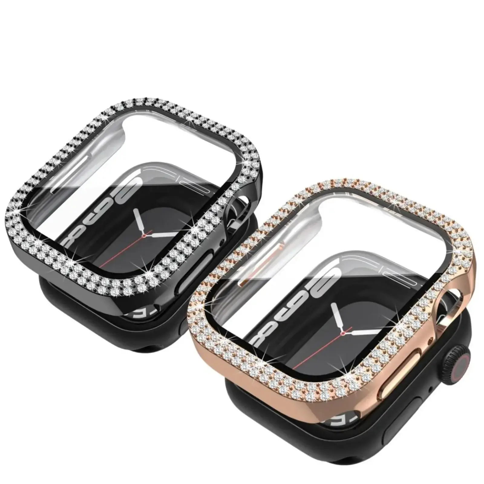 2PCS Electroplated Double Row Rhinestone PC Case with Tempered Glass Full Protection Cover for Apple Watch Series 11 10 9 Ultra 2 Bling Bumper Shell