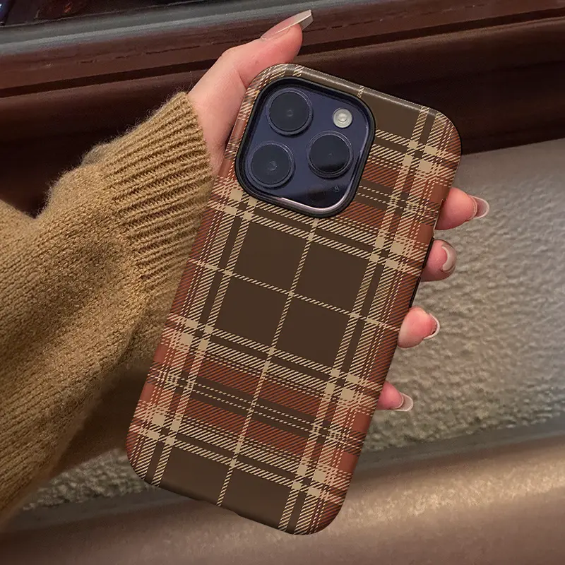 Dark Brown Tartan Plaid Aesthetic MagSafe Magnetic Smartphone Case - Shockproof Rugged TPU-PC Dual-Layer Cover for iPhone 7-8, XS Max, 11-18 Pro Max, Plus, Air, Including iPhone 16 Pro - Classic Vintage Accessory