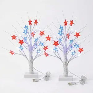 2 Pack Lighted Star Trees, 17.7 in Artificial Tabletop Trees with 24 LED Star Lights, USB Powered Decorative Trees for Holiday, Home, Indoor and Covered Outdoor Decor