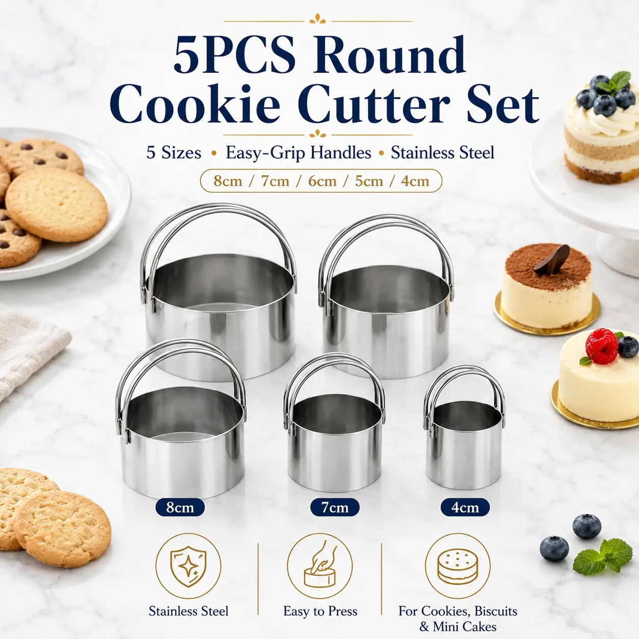 Five-Piece Stainless Steel Cookie Cutter Set, Ergonomic Handle, Durable Baking Tools, Holiday Applicable, Cookie Decoration Supplies