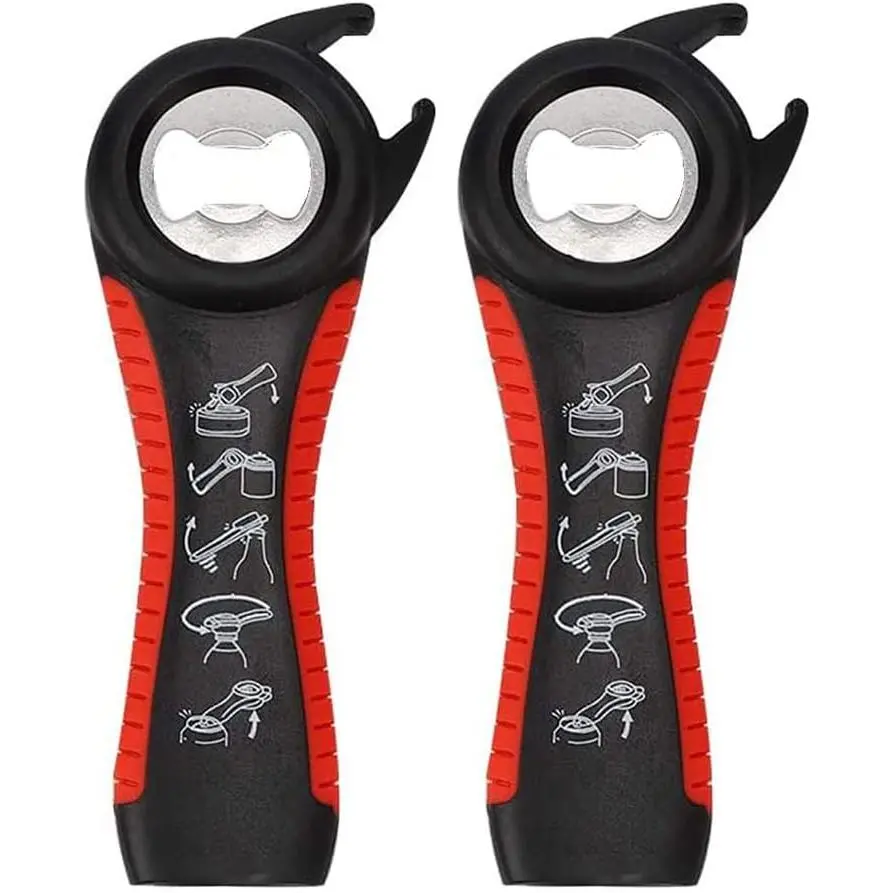 2 pack 5-in-1 Multi Function Plastic Grip Bottle Opener- Easily Opens Twist Caps, Bottle Caps, Canning  and Can Tabs (Black)