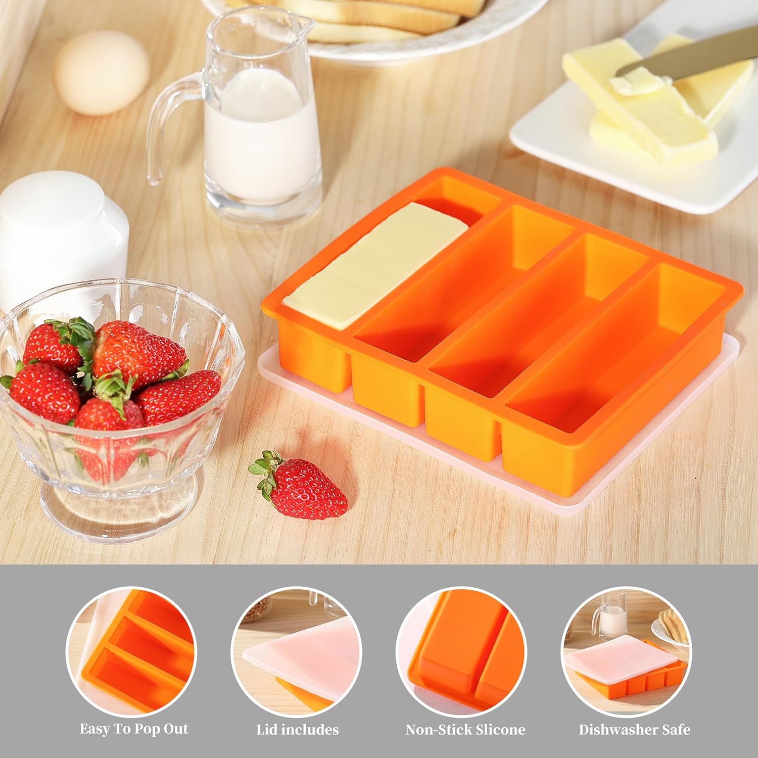 Silicone Butter Mold Tray with Lids, Non-Stick Butter Maker Fits Standard Butter Size, Great For Butter, Chocolate, Energy bar and Homemade Cake Tin