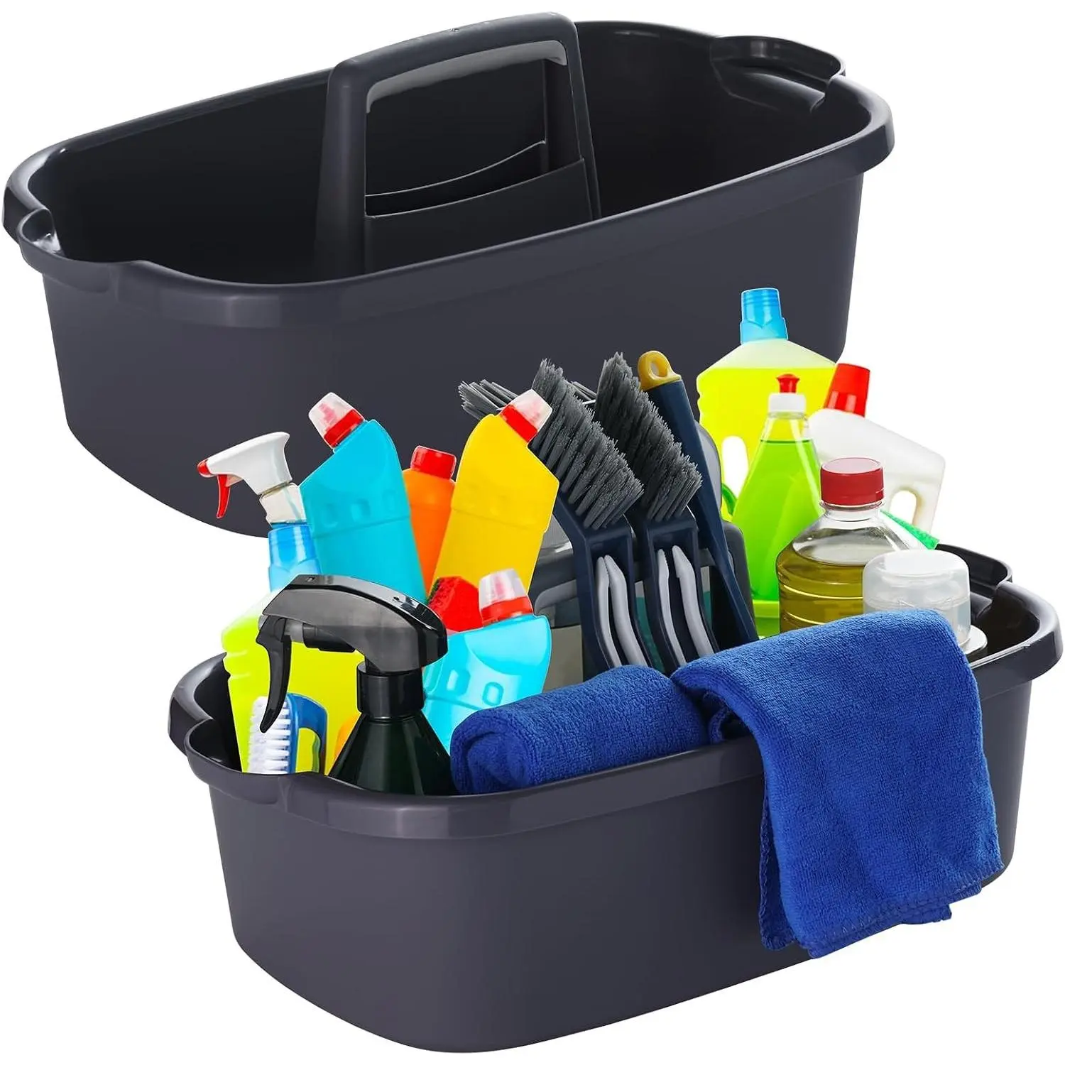 2-Pack Large Gray Cleaning Caddy for Cleaning Supplies with Handle - Portable Plastic Tote Organizer for Shower, Bathroom, Kitchen, Under Sink Storage