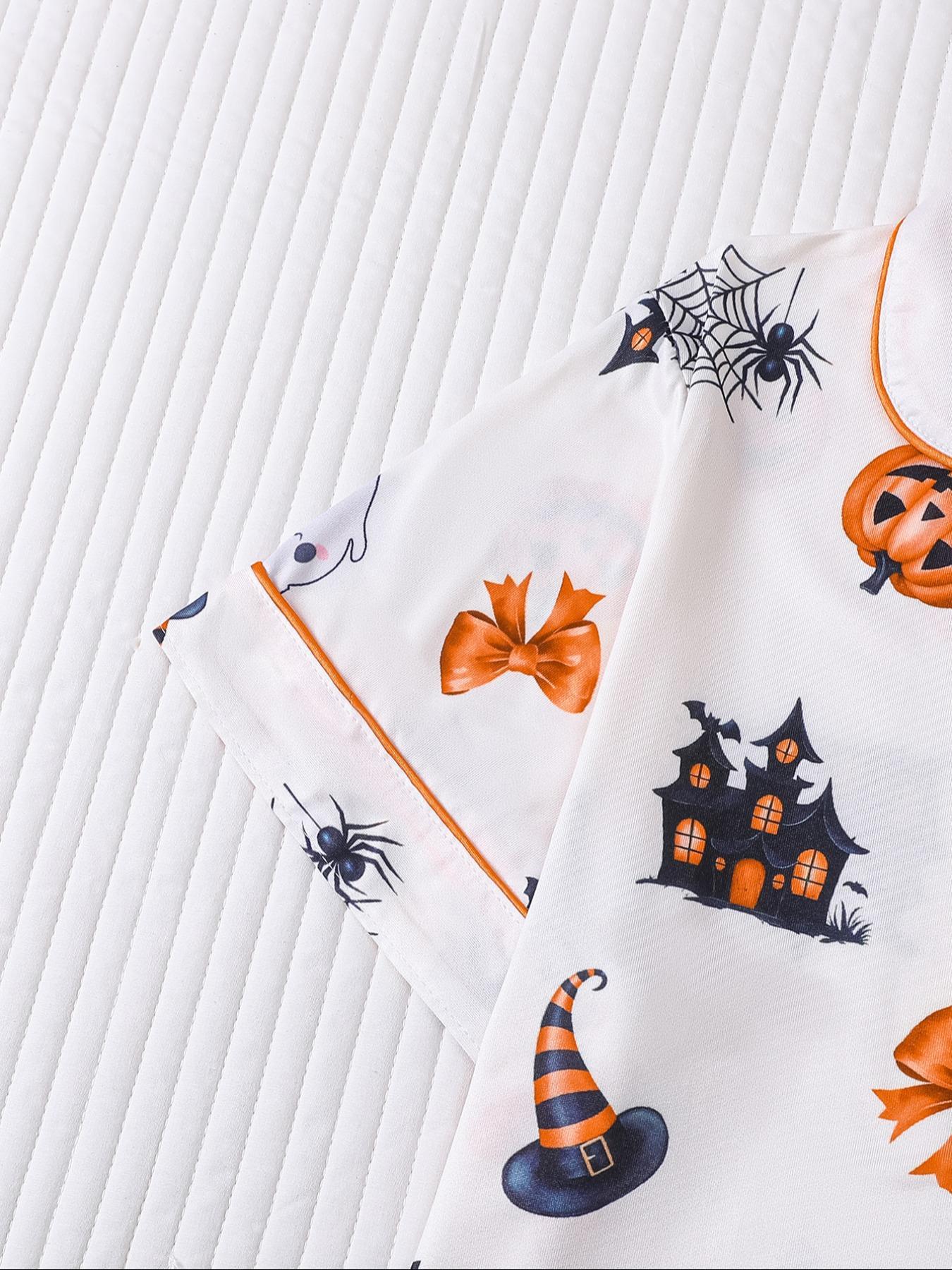 Women Christmas Pajama Set, Santa & Bowknot Tree Pattern, Short Sleeve Button-Up Shirt & Elastic Shorts, Casual All-Season Sleepwear Loungewear