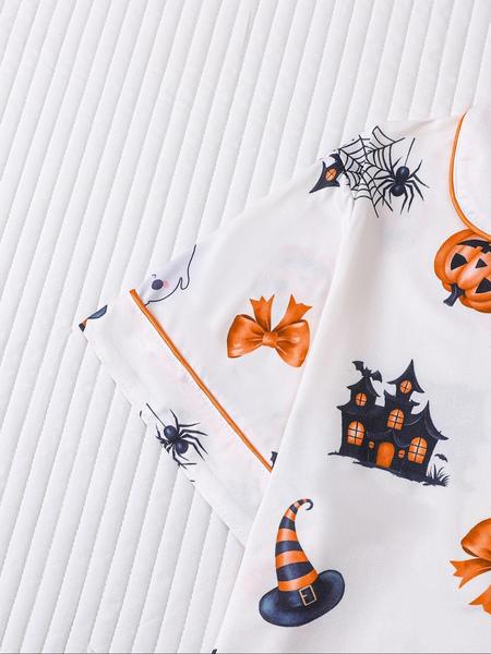 Women Christmas Pajama Set, Santa & Bowknot Tree Pattern, Short Sleeve Button-Up Shirt & Elastic Shorts, Casual All-Season Sleepwear Loungewear