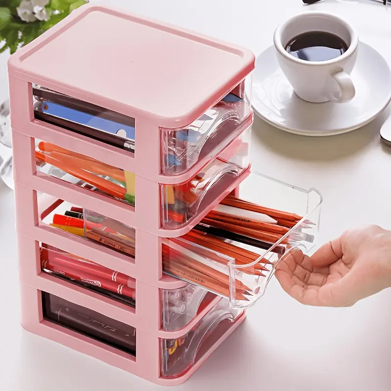 Three-tier/Four-tier/Five-tier Drawer-Style Mini Stackable Storage Drawers, Plastic Dresser with Drawers, Suitable for Arts and Crafts, Small Tools, Sewing Accessories, Stationery, and Hardware, Pink Frame