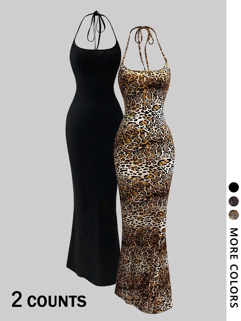 Women's Leopard Print Cami Mermaid Dress & Solid Color Sleeveless Cami Dress Set, Sexy Minimalist Fashion Casual Two-piece Outfits for Party Club Dating Wear, Ladies Summer Clothes, Gowns, Formal Womenswear, Dresse