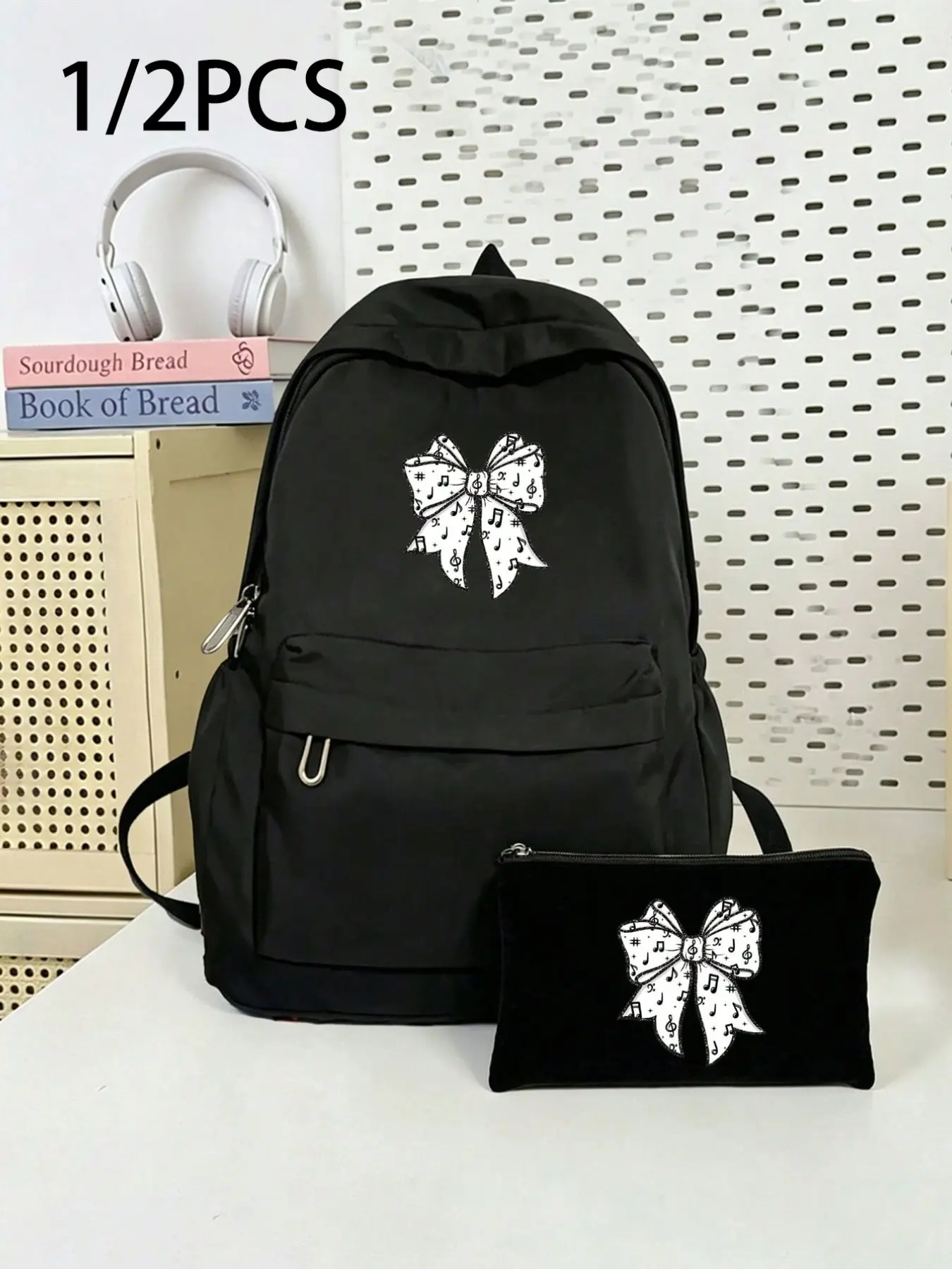 Note Bow Print Backpack, Casual Large Capacity Shoulder Bag, Laptop Travel Backpack, Essential for Students, All Seasons