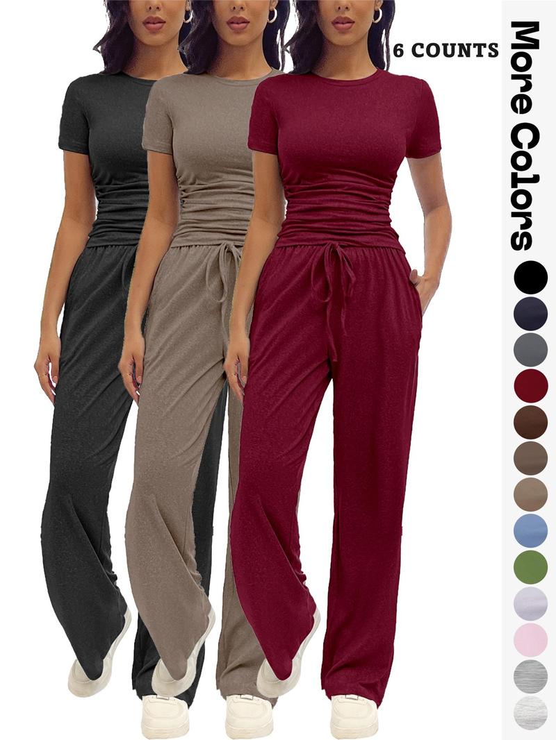 Women's Solid Round Neck Tee & Pants Loungewear Two/Six-Piece Set, Casual Pyjama Set for Women, Comfy Loungewear Set for Daily Home Wear