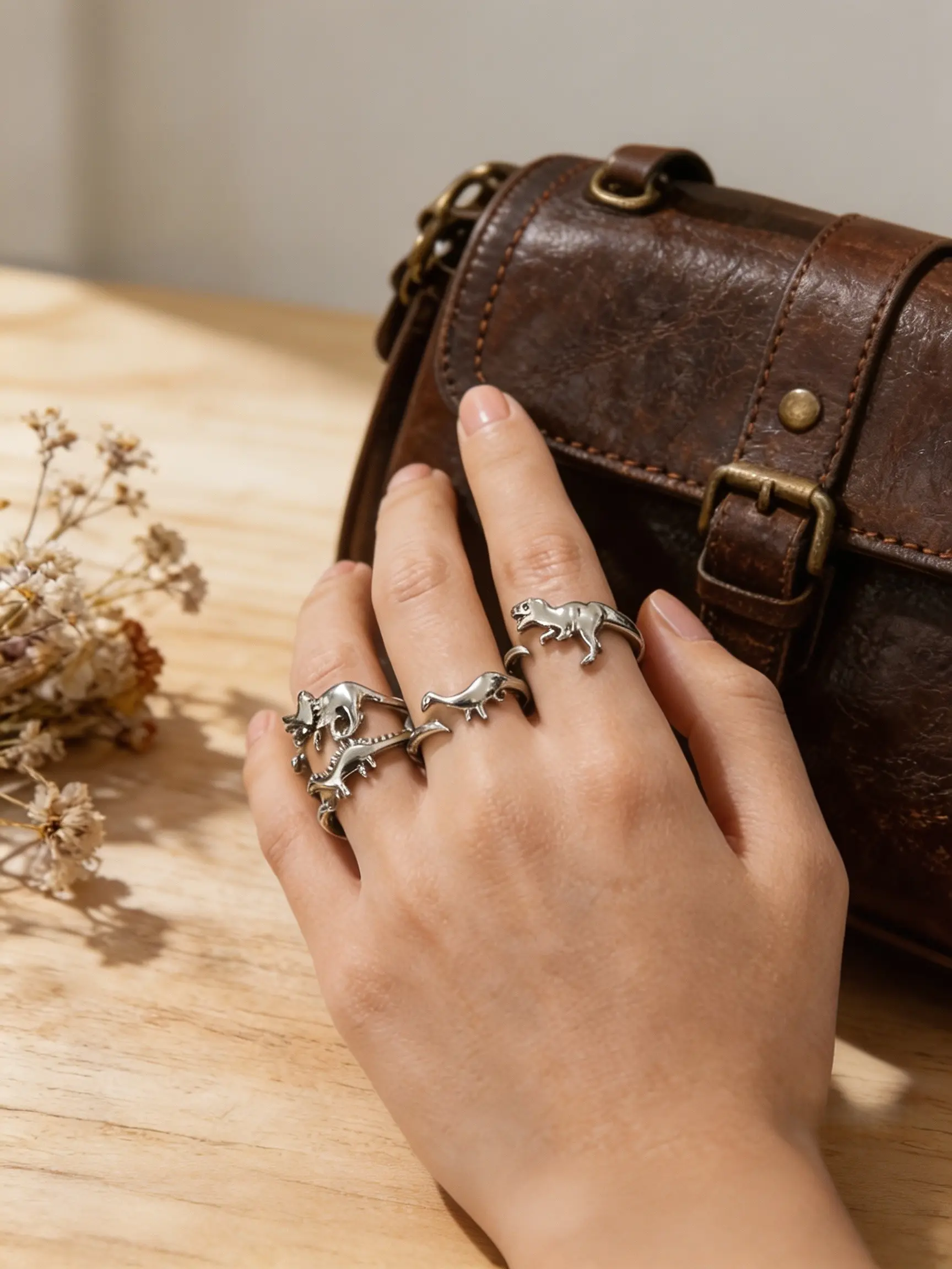 4-Piece Unique Dinosaur Open Ring Set, Perfect for Festive Parties, Birthday Gift, Elegant Plain Design, All Seasons Wear, Jewelry Open Ring