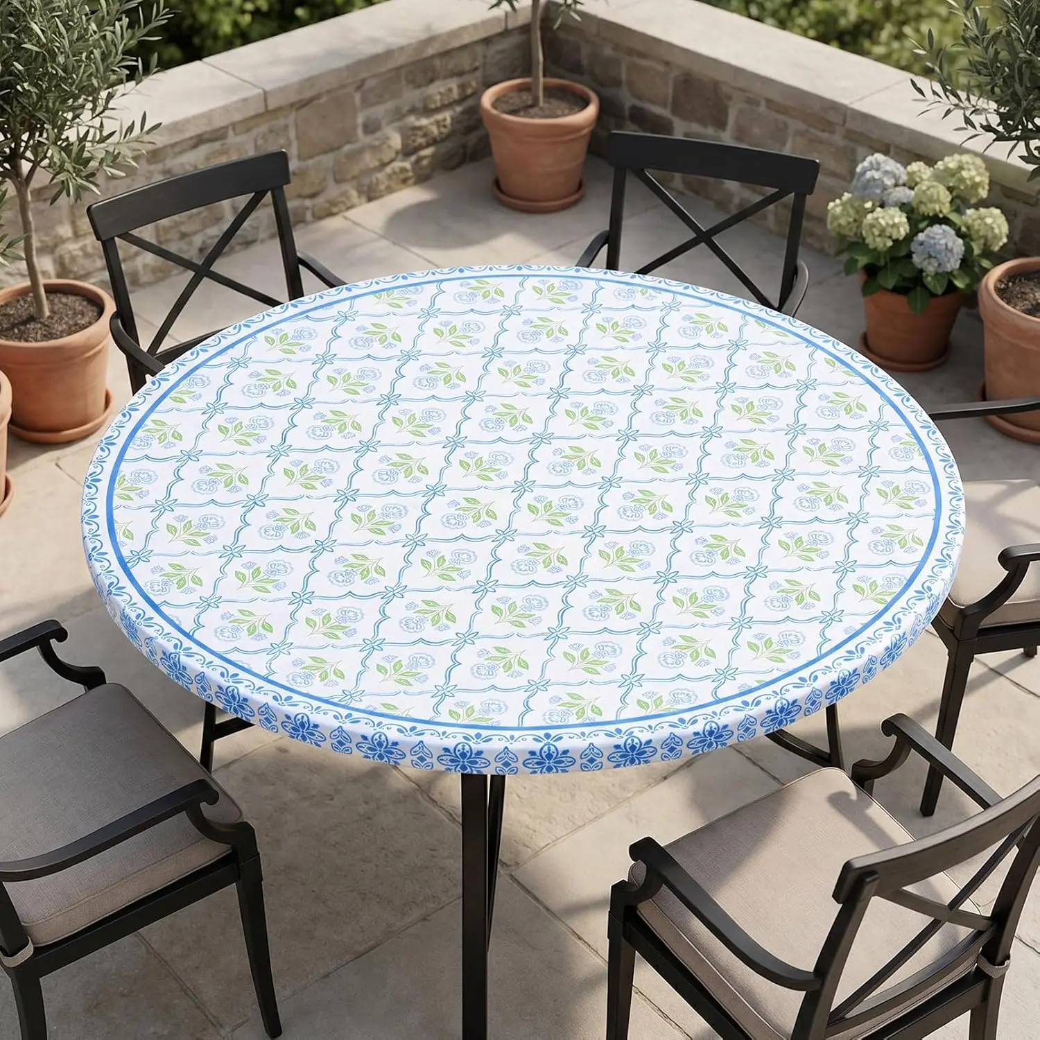 Round Fitted Tablecloth, Elastic ,  Table Cover | 45"-56" Circle Table Cover, Wipeable, Machine Washable, Spill-Proof for Kitchen, Dining Room, Birthday Party, Holiday Outdoor