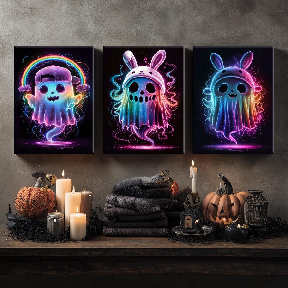 3 Counts Wooden Framed Canvas, Rainbow Ghost Poster, Halloween Home Poster, Halloween Party Decorations, Living Room And Bedroom Hanging Paintings, Horror Theme, Interesting Posters, Exquisite Gifts, High-Definition Art