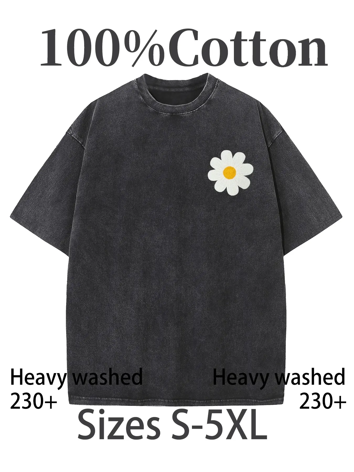 Men's Washed Vintage 100% Cotton T-Shirt, Trendy Daisy 3D Embroidery, Round Neck Short Sleeve Top, Casual Street Style Clothing